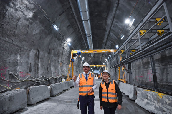 Premier Daniel Andrews and Transport Minister Jacinta Allan inspect works on the Metro Tunnel in February 2020. 