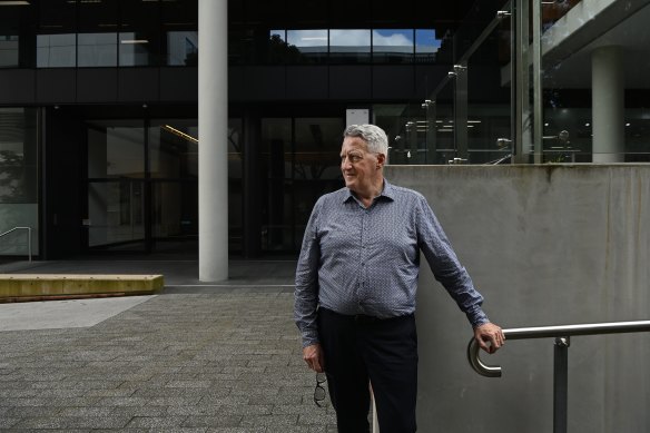 Craig Stewart outside the Olympic Park headquarters of Brethren businesses on Tuesday.