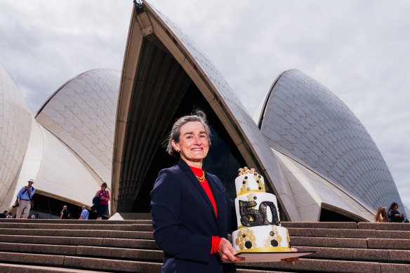 Sydney Opera House CEO Louise Herron on the steps of the Opera House which celebrates its 50th birthday on Friday.