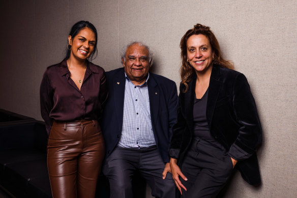 Voice to parliament advocates Teela Reid, Tom Calma and Rachel Perkins after speaking at the Jessie Street luncheon.