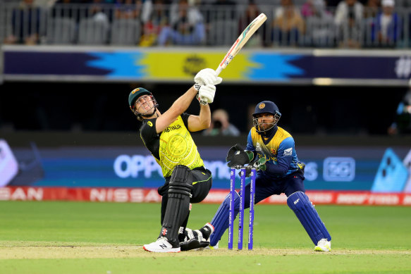Mitchell Marsh batting at Perth Stadium in the T20 World Cup last month