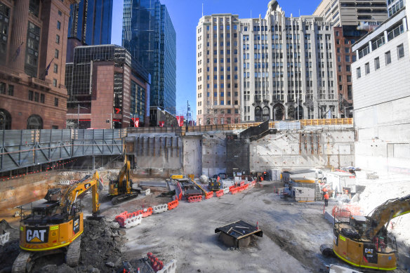 Construction is under way at the site for the Sydney Metro station in Martin Place. 