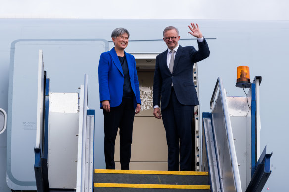 Prime Minister Anthony Albanese and Foreign Affairs Minister Penny Wong board a RAAF plane to fly to Japan for the Quad meeting on Monday.