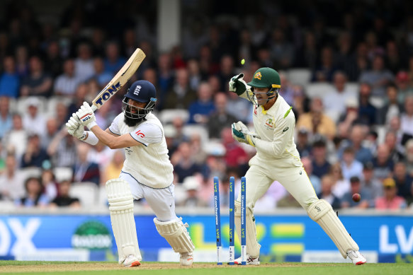 Moeen Ali of England is bowled by Todd Murphy.