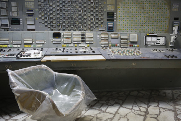 The empty control room of the shuttered Chernobyl nuclear power plant in Ukraine, now under control by Russian forces after a fierce battle in the radioactive exclusion zone.