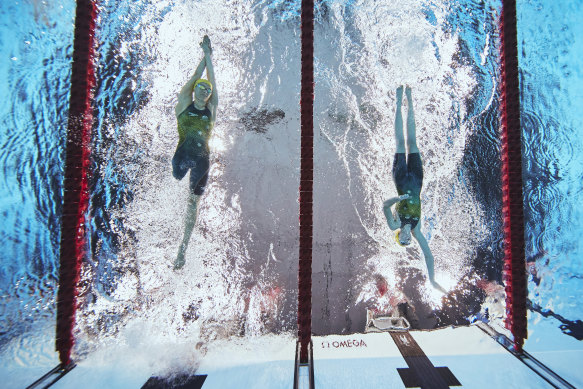 Ellie Cole (left) and Lakeisha Patterson compete in the women’s S9 400m freestyle heat.