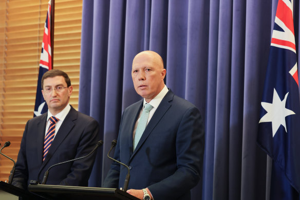 Shadow attorney-general Julian Leeser, left, alongside Opposition Leader Peter Dutton. 