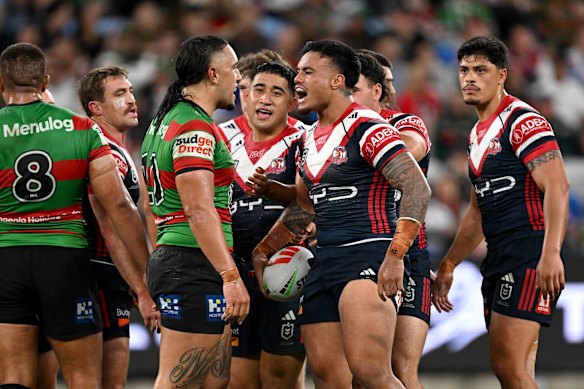 Spencer Leniu clashes with South Sydney’s Keaon Koloamatangi.