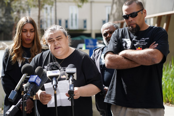 Tanya Day's daughter Belinda Day speaks to the media outside court on Friday.