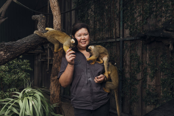 Zoo keeper Rachel Yeo with squirrel monkeys. “It felt like something out of a nightmare,” she says of her experience fighting the fire. 