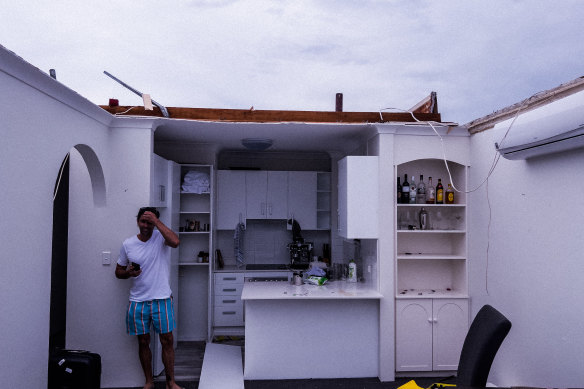 Nathan Lavers in his home without a roof.