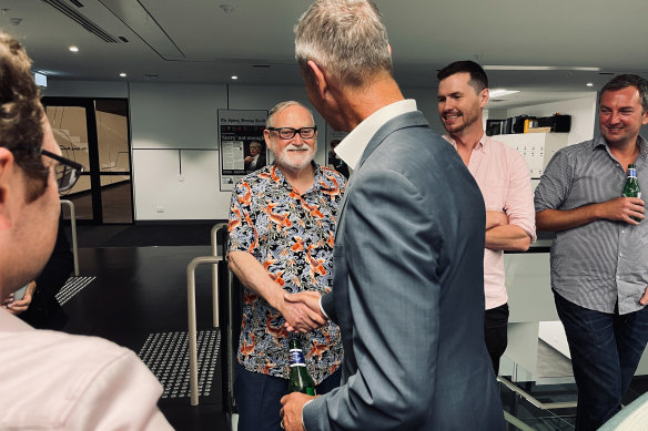Peter Hartcher congratulates Ross Gittins for his Walkley award for Most Outstanding Contribution to Journalism. November 20, 2020.