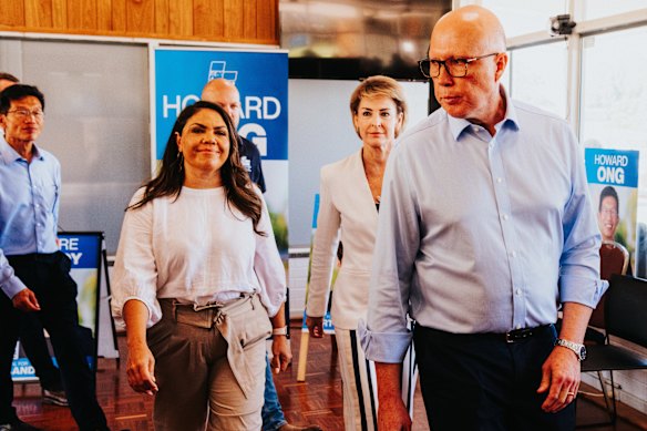 Jacinta Nampijinpa Price and Peter Dutton during the election campaign.