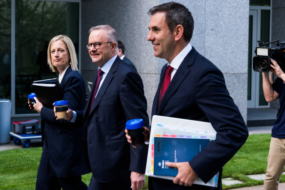 This is not a typical first budget after a party is swept into power. (Left to right) Finance Minister Katy Gallagher, Prime Minister Anthony Albanese and Treasurer Jim Chalmers.
