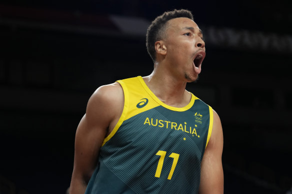 Dante Exum celebrates during a Boomers match at the Tokyo Olympics.