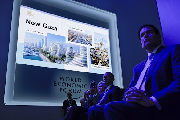 O secretário de Estado dos EUA, Marco Rubio, durante a apresentação sobre o futuro de Gaza no Fórum Econômico Mundial.