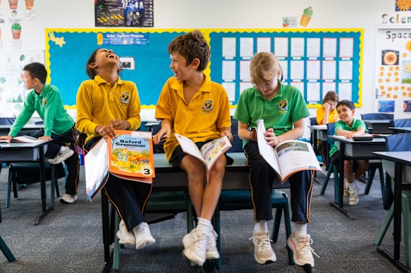 Students at John Colet School in Belrose on the northern beaches, where the focus is on rich texts such as Shakespeare and explicitly teaching students grammar.