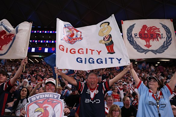 The banner, seen here at the semi-final against the Cronulla Sharks in September, is an expression of optimism rather than the character having any link to the club. 
