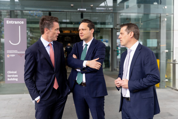 Chris Minns, Health Minister Ryan Park and member for Leppington Nathan Hagarty at Liverpool Hospital.