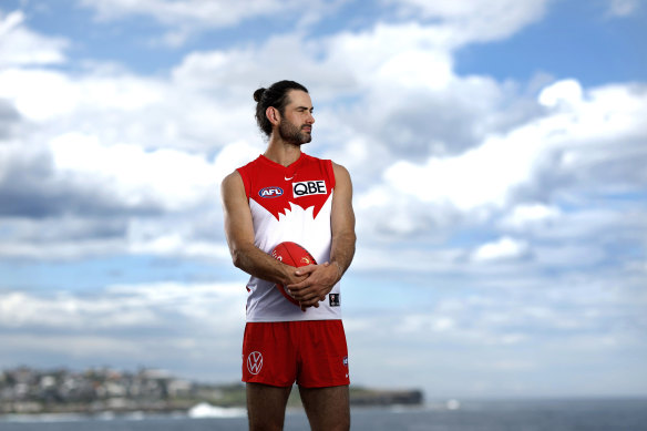 Brodie Grundy in Sydney Swans colours for the first time late last year at Coogee.