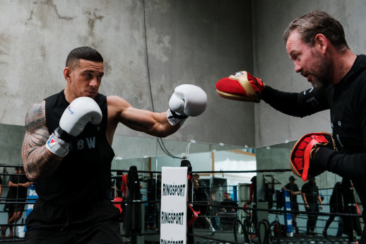 Sonny Bill Williams works up a sweat in the ring on Wednesday preparing for his fight with Barry Hall. 