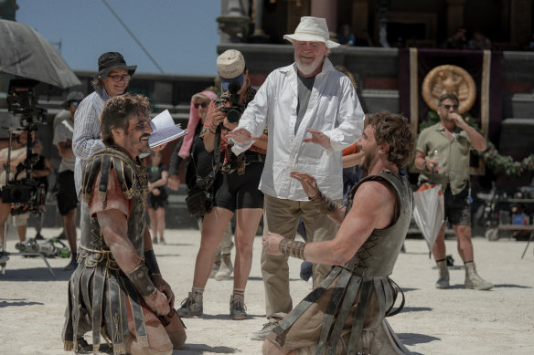 Pedro Pascal (left), director Ridley Scott and Paul Mescal in Malta on the set of Gladiator II.