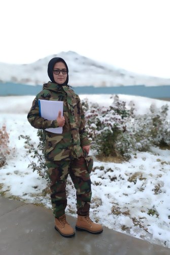 Arifa Hakimi in uniform as a member of the Afghan National Army before the fall of Kabul. 