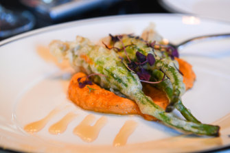 Buffalo ricotta and pecorino-filled zucchini blossoms at Gowings Bar and Grill. 