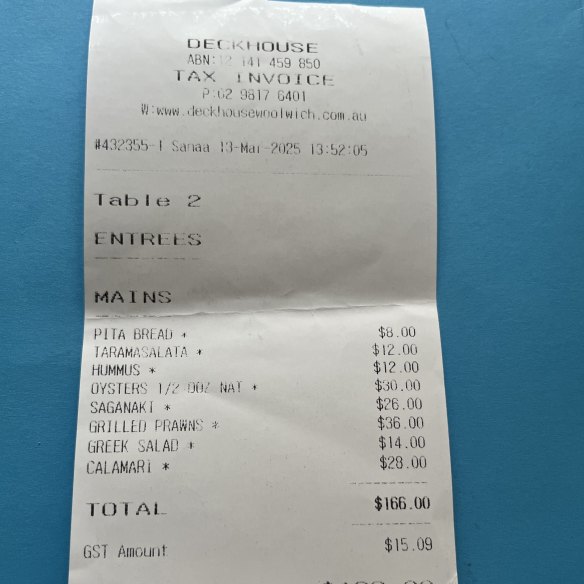 The receipt for lunch with Lynne McGranger at the Deckhouse at Woolwich.