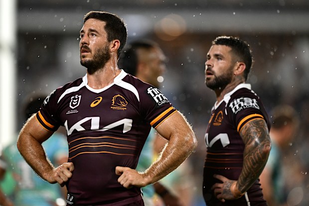 Ben Hunt and Adam Reynolds of the Broncos.