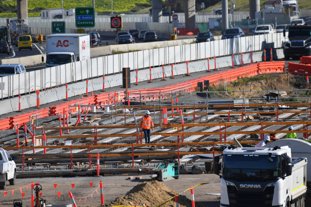Workers at the West gate tunnel project, Western distributor at Grieve Parade,  Altona North. 18th June 2020 The Age News Picture by JOE ARMAO