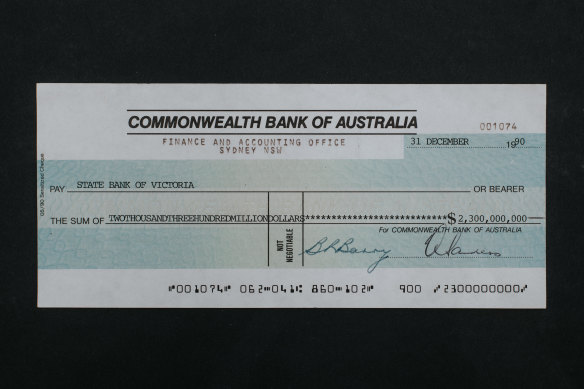 One of the three cheques issued by the CBA to pay for the State Bank of Victoria