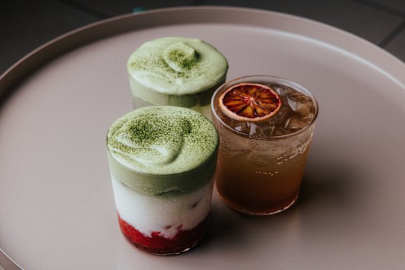 From left: Strawberry cloud matcha, coconut cloud matcha and 12-spice craft cola.