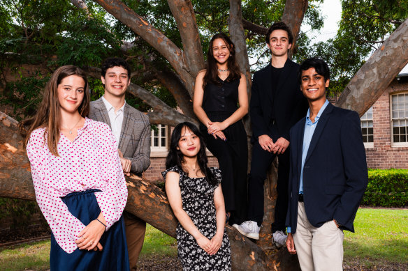 Arella Plater, Jacob Johnstone, Angie Wang, Kiana Levy, Orlando Douglas-Giles and Anubhav Ammangi after a ceremony celebrating their first-in-course achievements on Wednesday. 