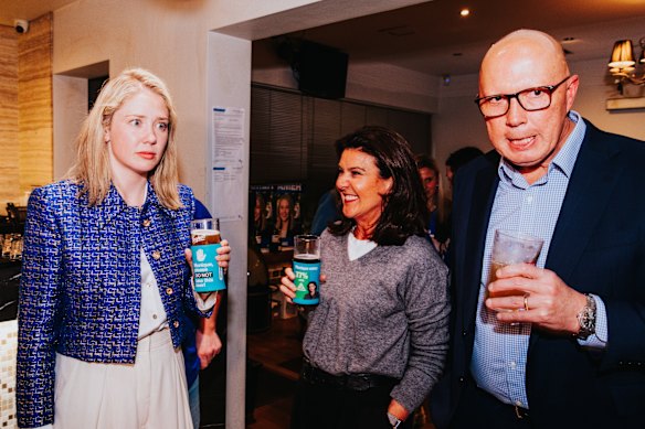 Peter Dutton and Kooyong Liberal candidate Amelia Hamer (left) at The Tower hotel in Hawthorn East, Melbourne.