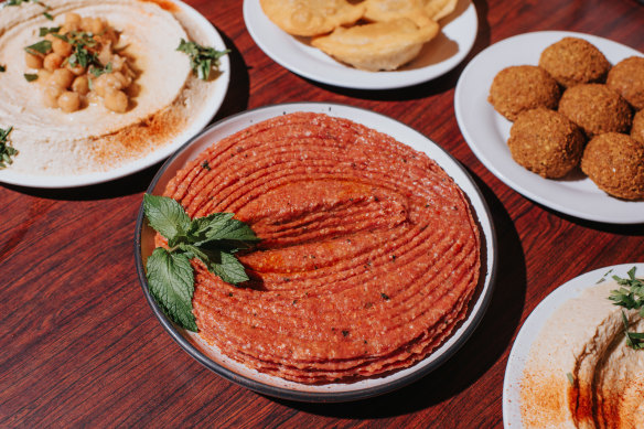 Kibbe naya with minced raw lamb, crushed wheat, basil, onion and capsicum.