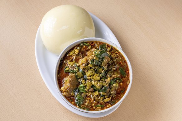 Okra and goat soup with fufu (a steamed bread) can be ordered ahead.