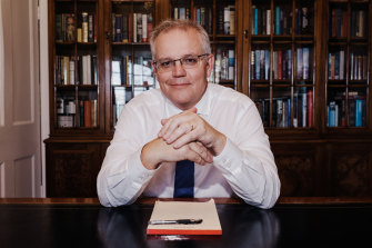 Prime Minister Scott Morrison in his Kirribilli House office. When  asked how confident he is about the election he says, “I know all the things I have to do. I know what the path looks like. And I’m walking it”.