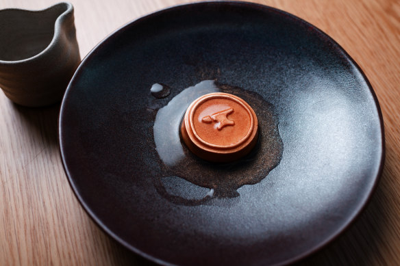 The signature “anvil” dessert, a soft miso caramel mousse.