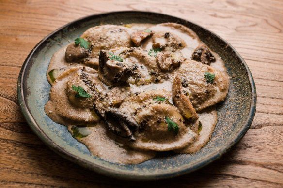 Mushroom ravioli in a sauce chockers with Swiss browns, shiitakes and button mushrooms.