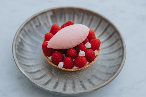 Raspberry tart with honey yoghurt, loukoumi and strawberry ice-cream.