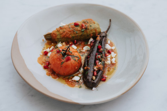 Yemista, little stuffed vegetables 
 baked in a tomato-y sauce that tastes of ancient times.