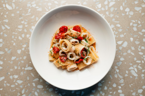 Calamarata, sun-dried tomatoes, SA squid, white wine. 