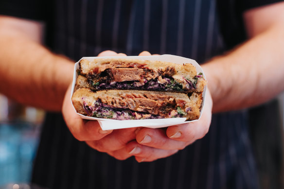 On a Roll’s brisket sandwich has the perfect ratio of meat to salad and bread.