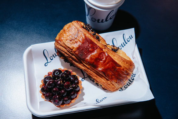 Blueberry and cassis tart with pain Suisse.