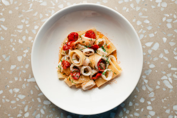 Calamarata pasta with sun-dried tomatoes, SA squid and white wine at Nico.
