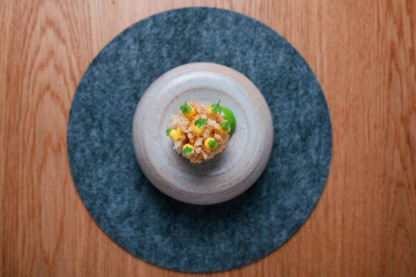 Fritter of Bundarra pig and smoked eel, lovage and fermented sweetcorn. 