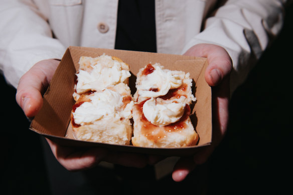 A pair of scones with jam and cream - although one is plenty for morning tea.