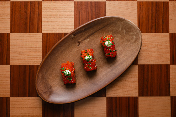 Potato roesti with cream, chives and Yarra Valley salmon roe.