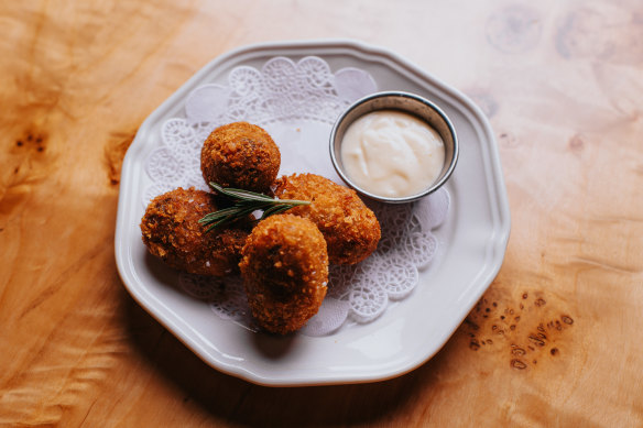 Mondeghini meatballs come with lemony mayo.